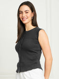 Rib-Knit Open Front Button Sleeveless Cropped Camisole Top