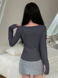 Solid Color Square Neck Long Sleeve T-shirt