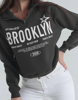 Half Zip Drop Shoulder "BROOKLYN" Letter Print Oversized Sweatshirt, Long Sleeve