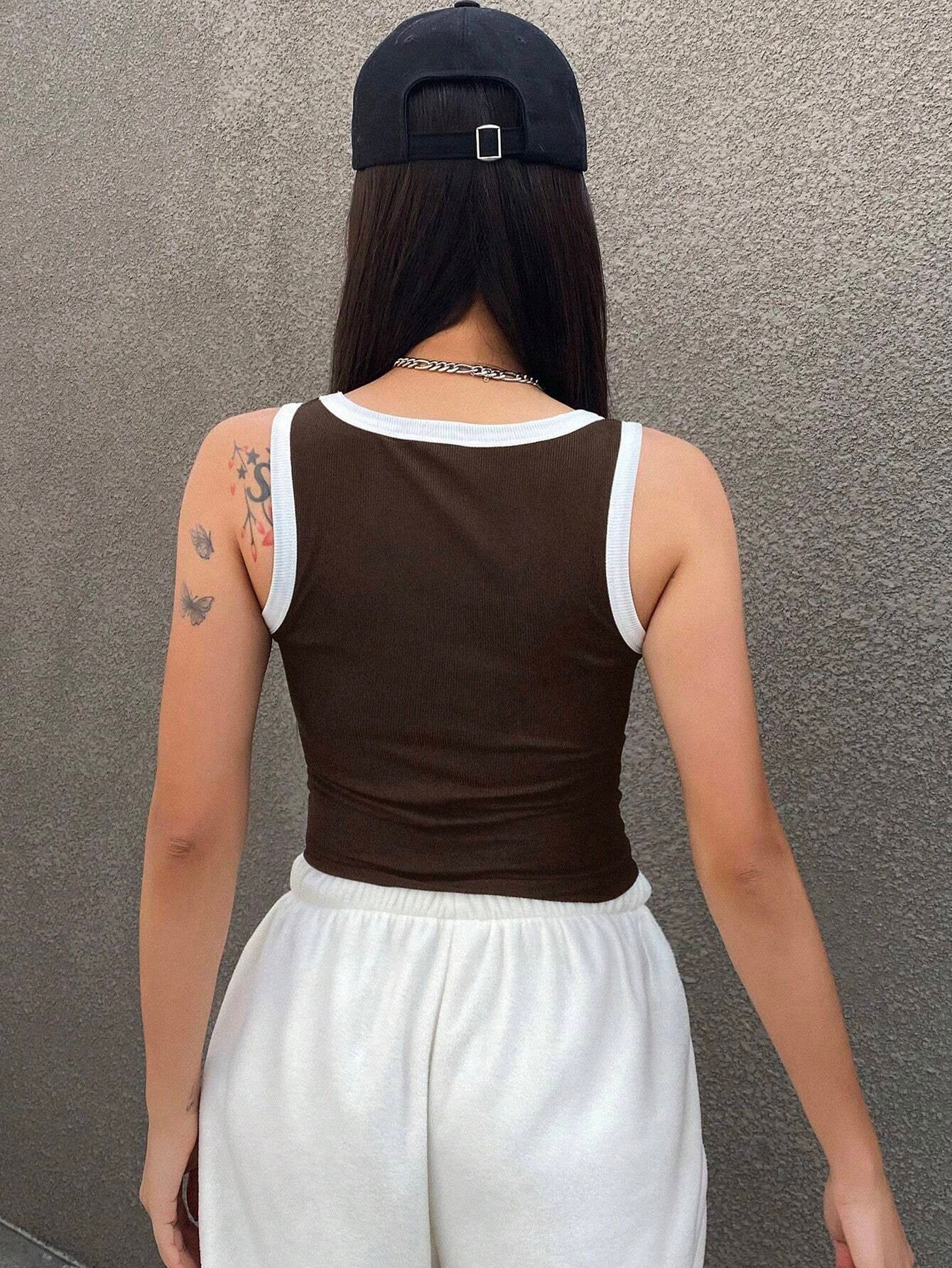 Letter Print Contrast Trim Tight Crop Tank Top With U-Neck For Women