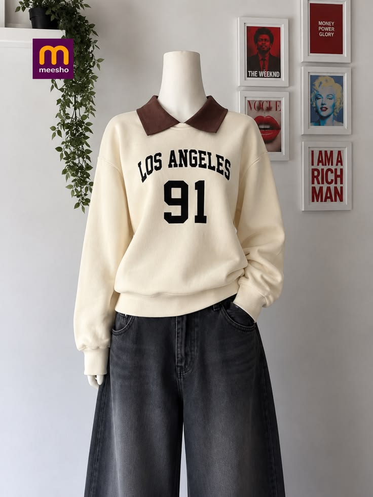 Women's Letter-Print Turn-Down Collar Loose-Fit Sweatshirt