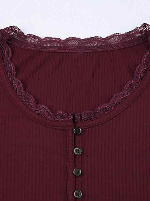 Solid Lace Trim Breasted Long Sleeve Knit Top