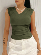 Solid Ruched V Neck Tee