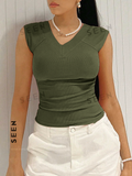 Solid Ruched V Neck Tee