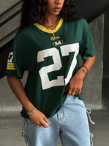 V-Neck Short Sleeve Casual Letter & Number Print Loose