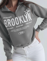 Half Zip Drop Shoulder "BROOKLYN" Letter Print Oversized Sweatshirt, Long Sleeve