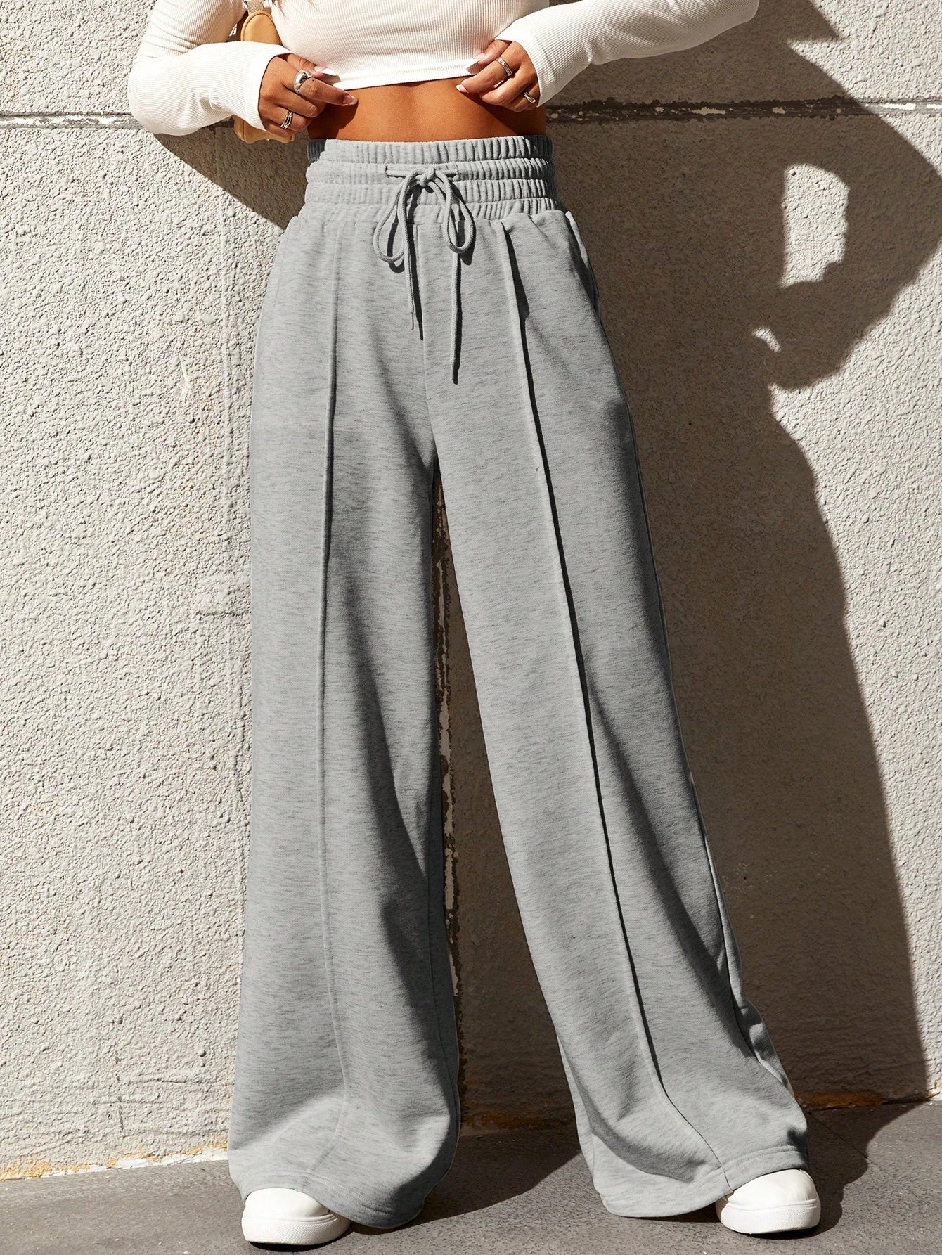 Drawstring Waist Seam Detail Wide Leg Pants Dress Pant