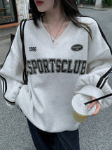 Thermal Lined V-Neck Letter Print Slouchy Sweatshirt