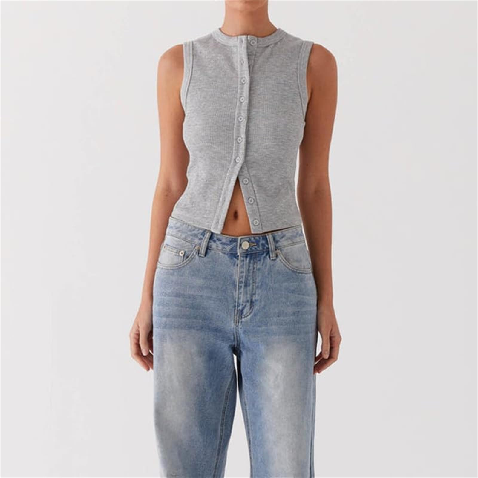 Rib-Knit Open Front Button Sleeveless Cropped Camisole Top