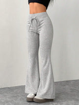 Casual Gray Knitted Elastic Waist Flared Sweatpants Bell Bottom Lace Up Flared Pants