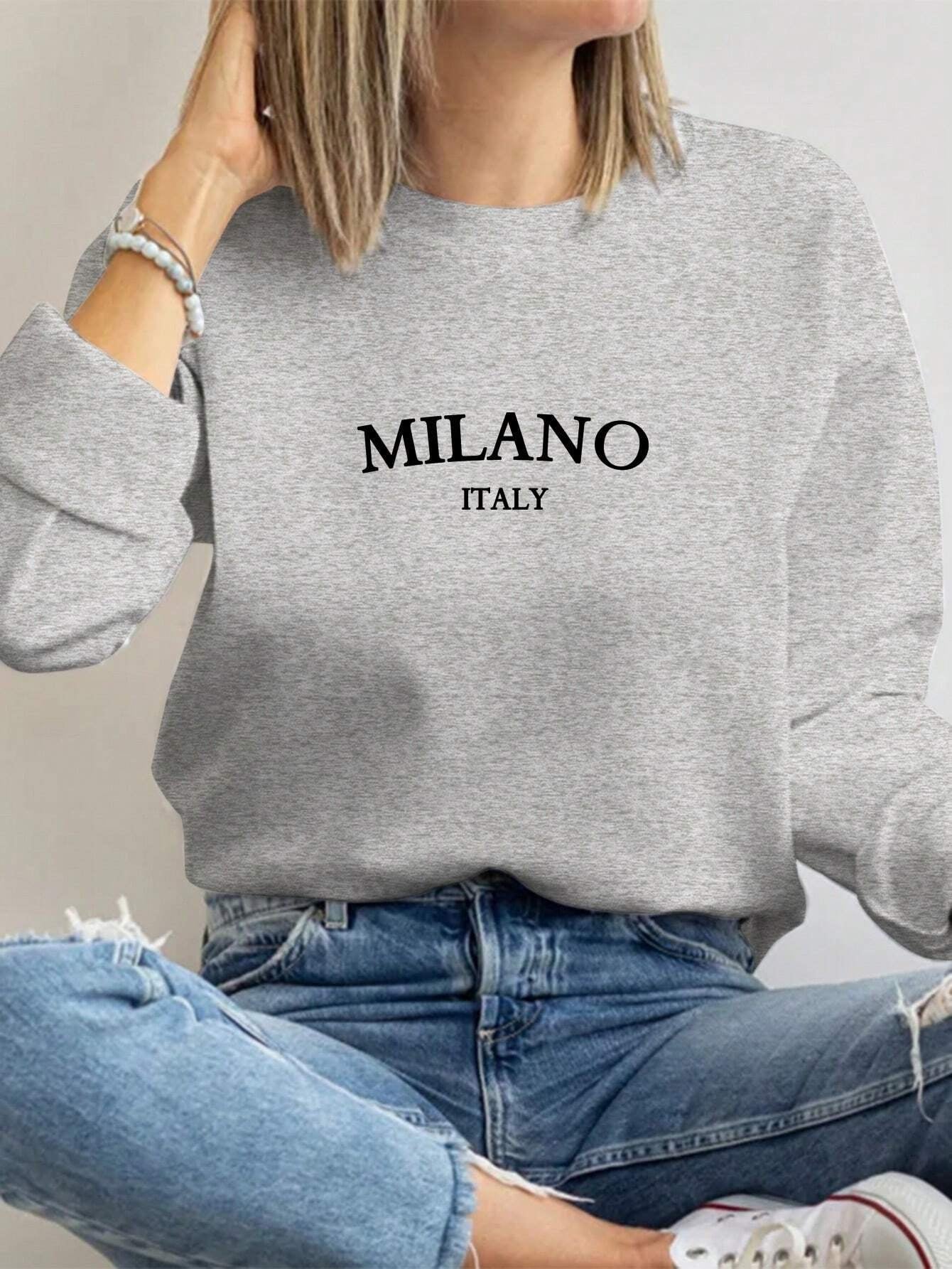 Casual Minimalist Milano Print Pattern White Round Neck Loose Fit Long Sleeve Sweatshirt