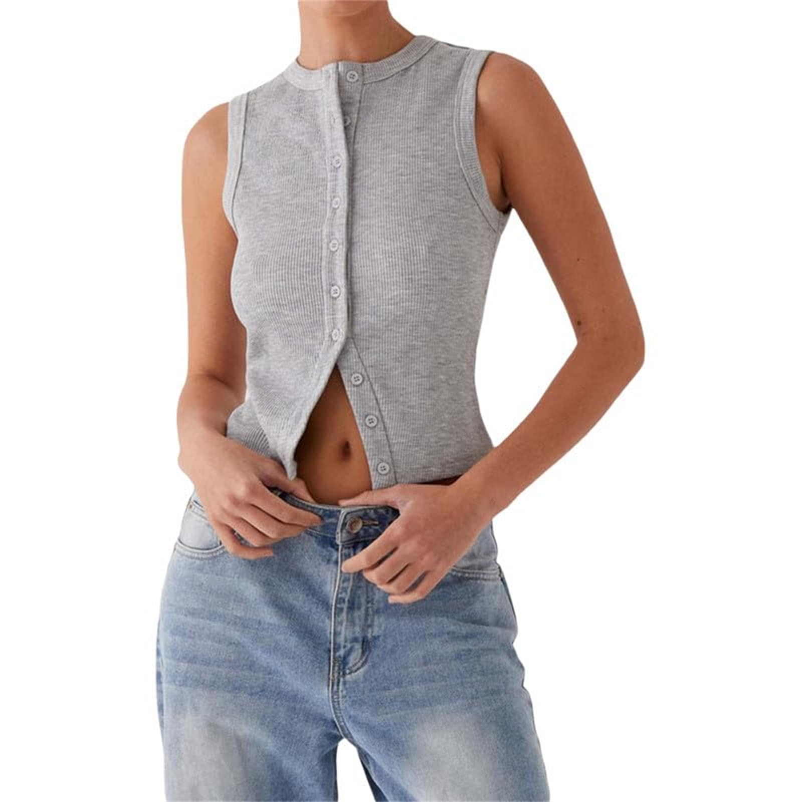 Rib-Knit Open Front Button Sleeveless Cropped Camisole Top