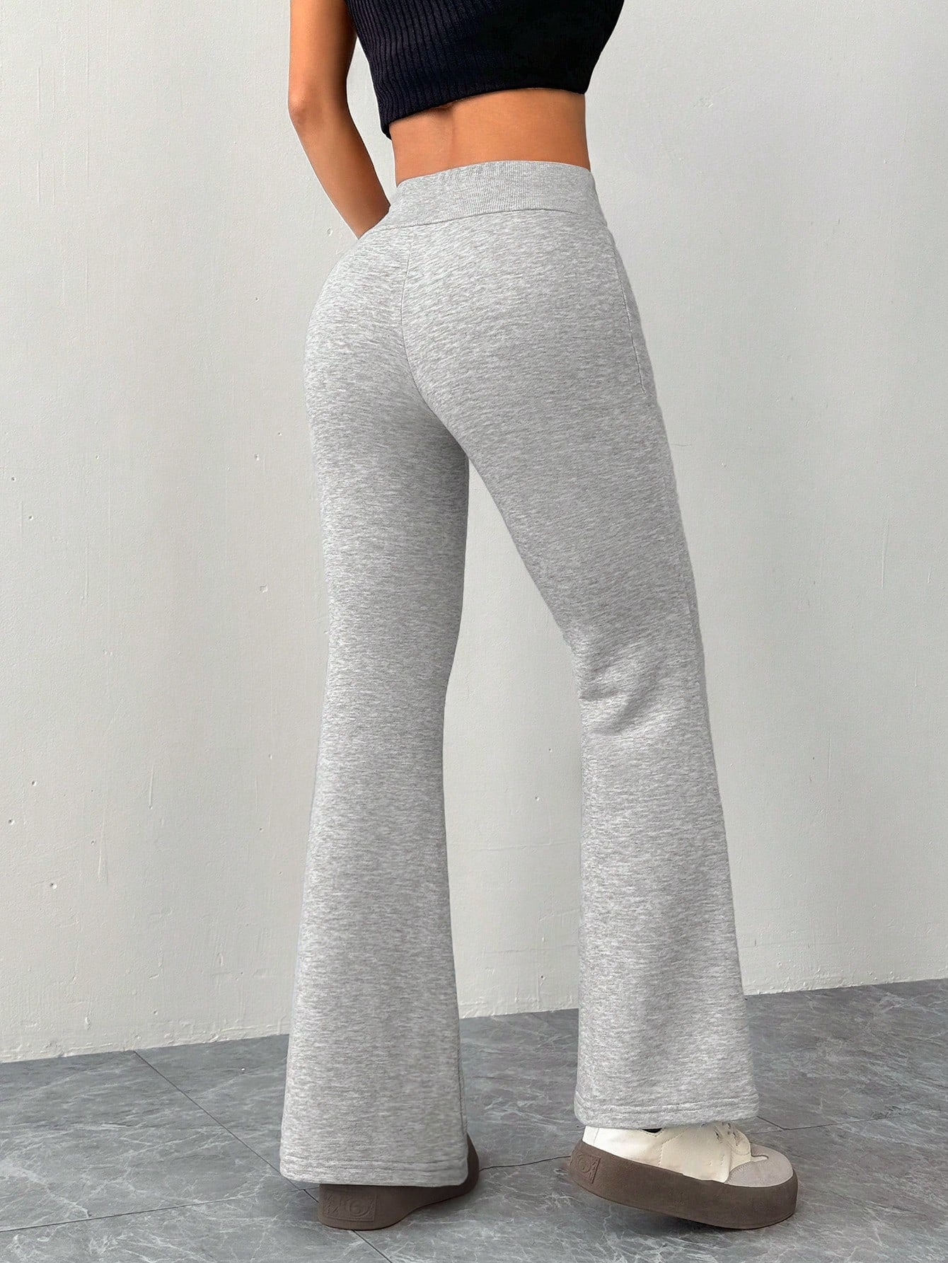 Casual Gray Knitted Elastic Waist Flared Sweatpants Bell Bottom Lace Up Flared Pants