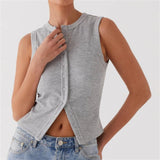 Rib-Knit Open Front Button Sleeveless Cropped Camisole Top