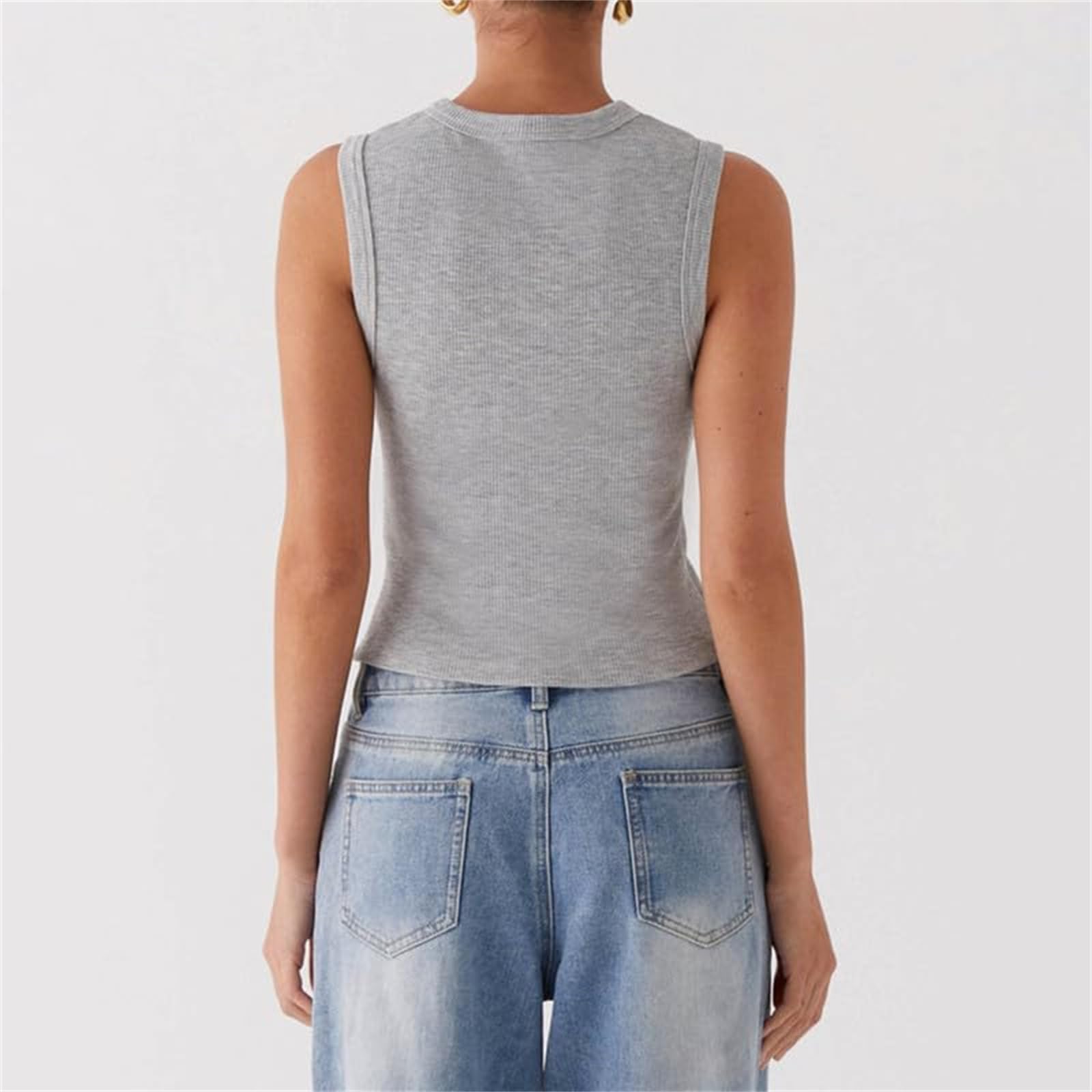 Rib-Knit Open Front Button Sleeveless Cropped Camisole Top