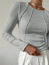 Solid Color Split Half-Length Long-Sleeved Round Neck New Women's Top