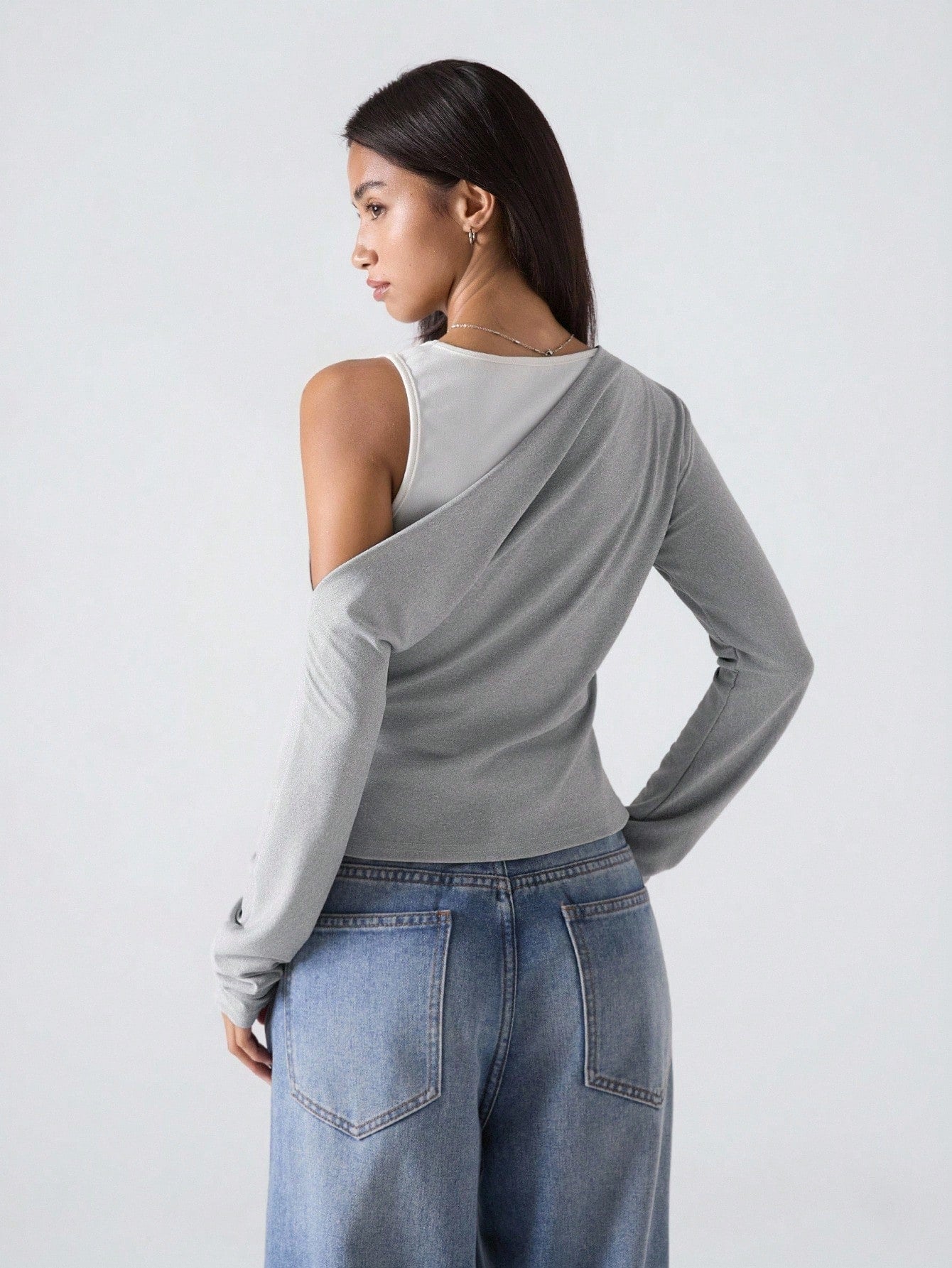 Solid Color Minimalist Casual Asymmetrical Neck T-Shirt Tops For Women Off The Shoulder Top