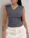 Solid Ruched V Neck Tee