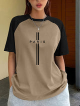 Color-Block Raglan Sleeve T-Shirt with Paris Letter Print