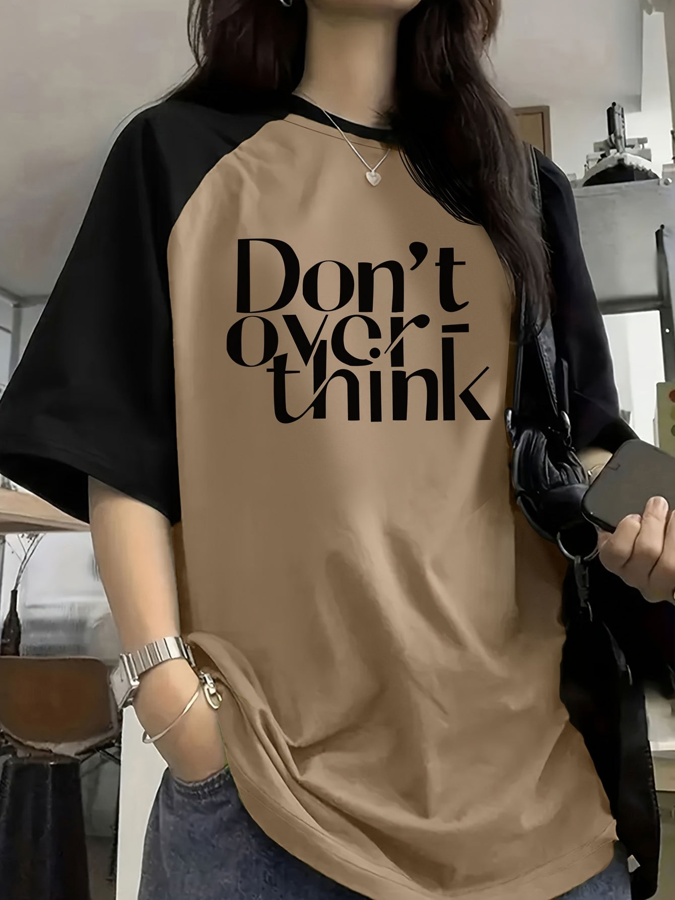 Color Block Graphic Tee - DON'T OVER for THINK IT Print, Casual Short Sleeve Crew Neck T-Shirt