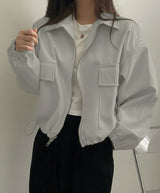 Casual Cropped Zip-Up Long-Sleeve Jacket in Solid Color