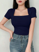 Women's Solid Color Swan Collar Short Sleeve T-Shirt