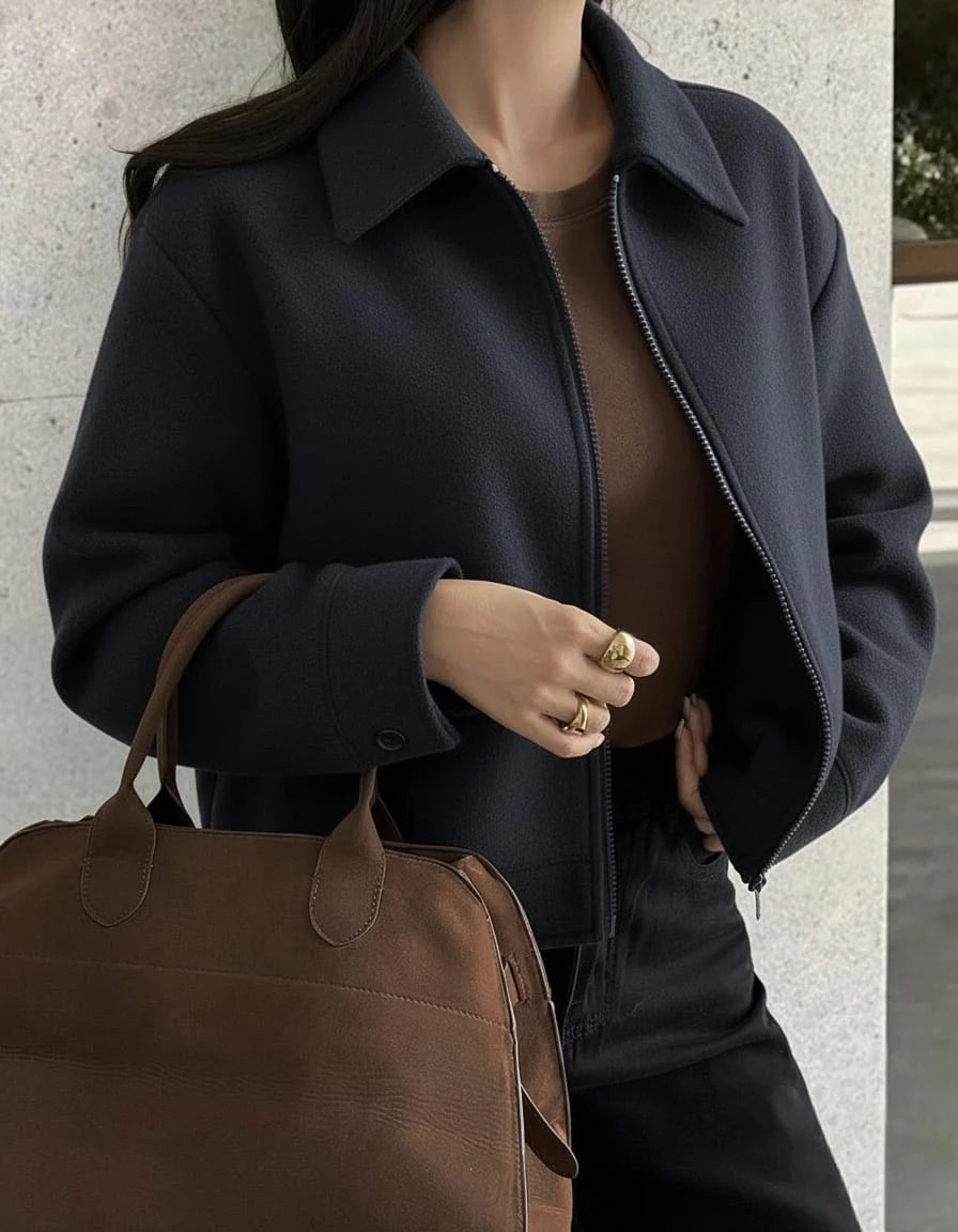 Women's Brown Collared Zip-Up Jacket with Large Pockets