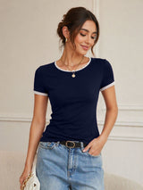 Scoop Neck Short Sleeve Lace Trim Short Top