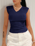 Solid Ruched V Neck Tee