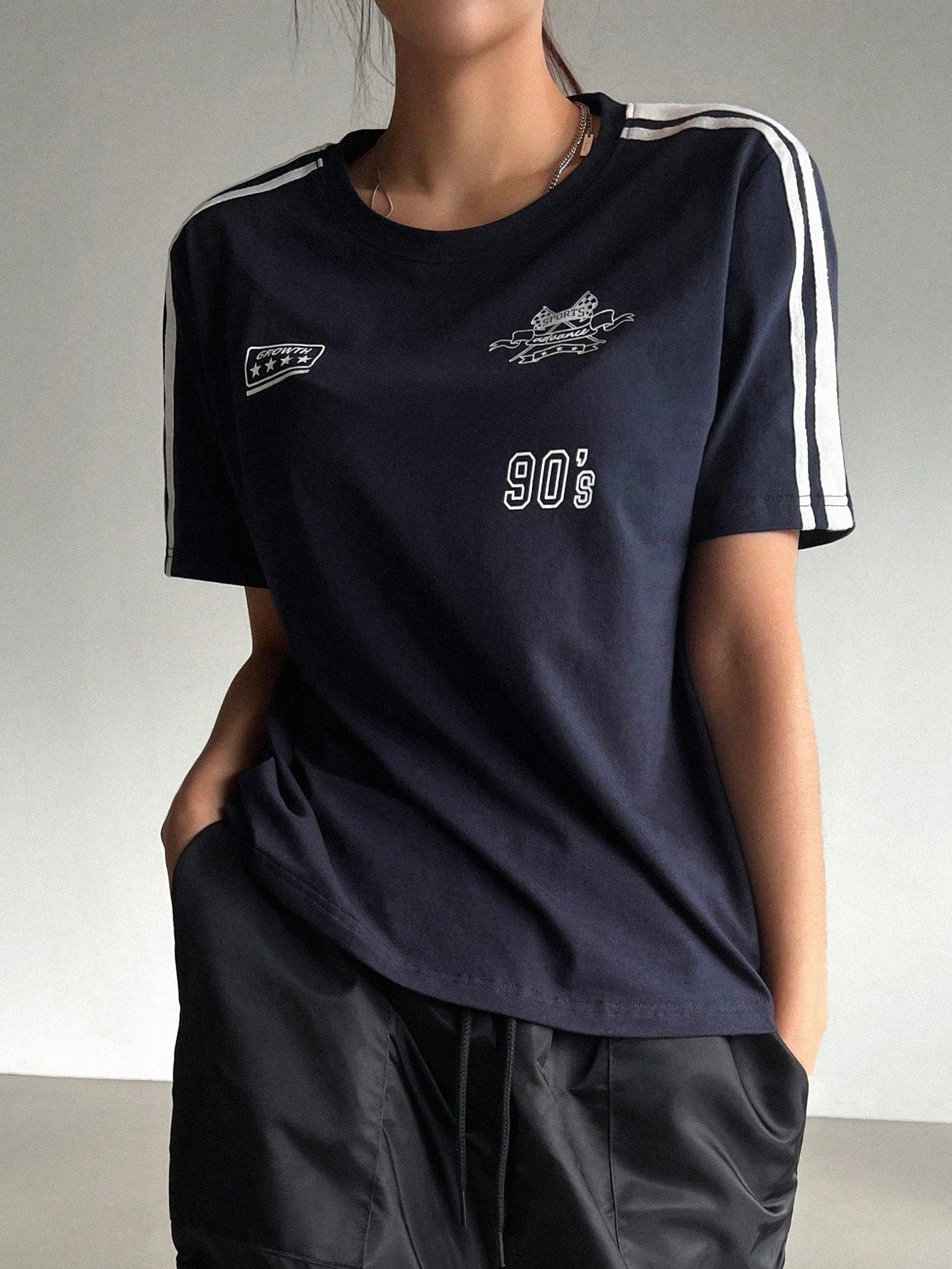 Motorcycle Style Print Colorblock Striped Detail Short Sleeve T-Shirt