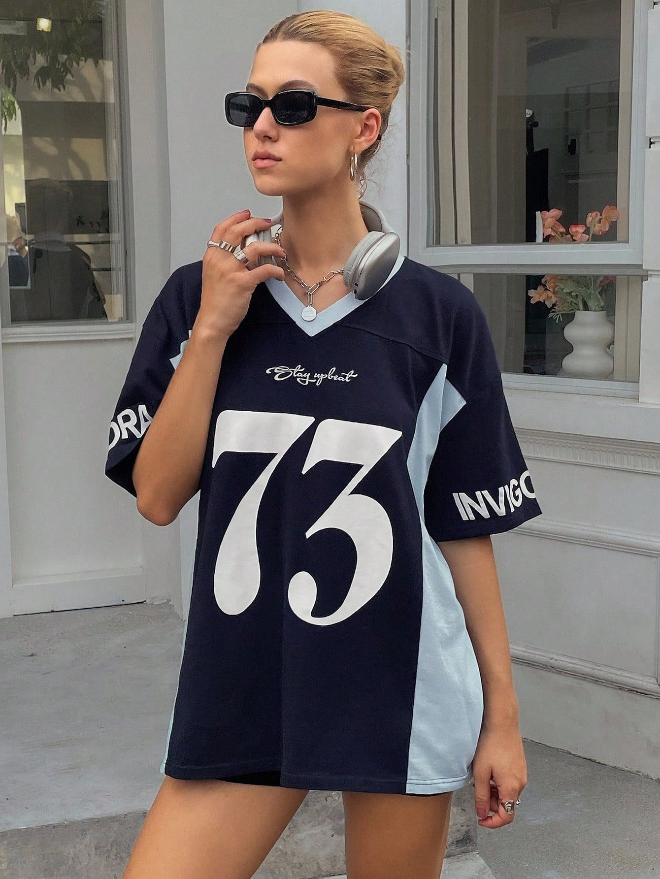 V-Neck Letter Print Sports Short Sleeve T-Shirt