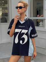 V-Neck Letter Print Sports Short Sleeve T-Shirt