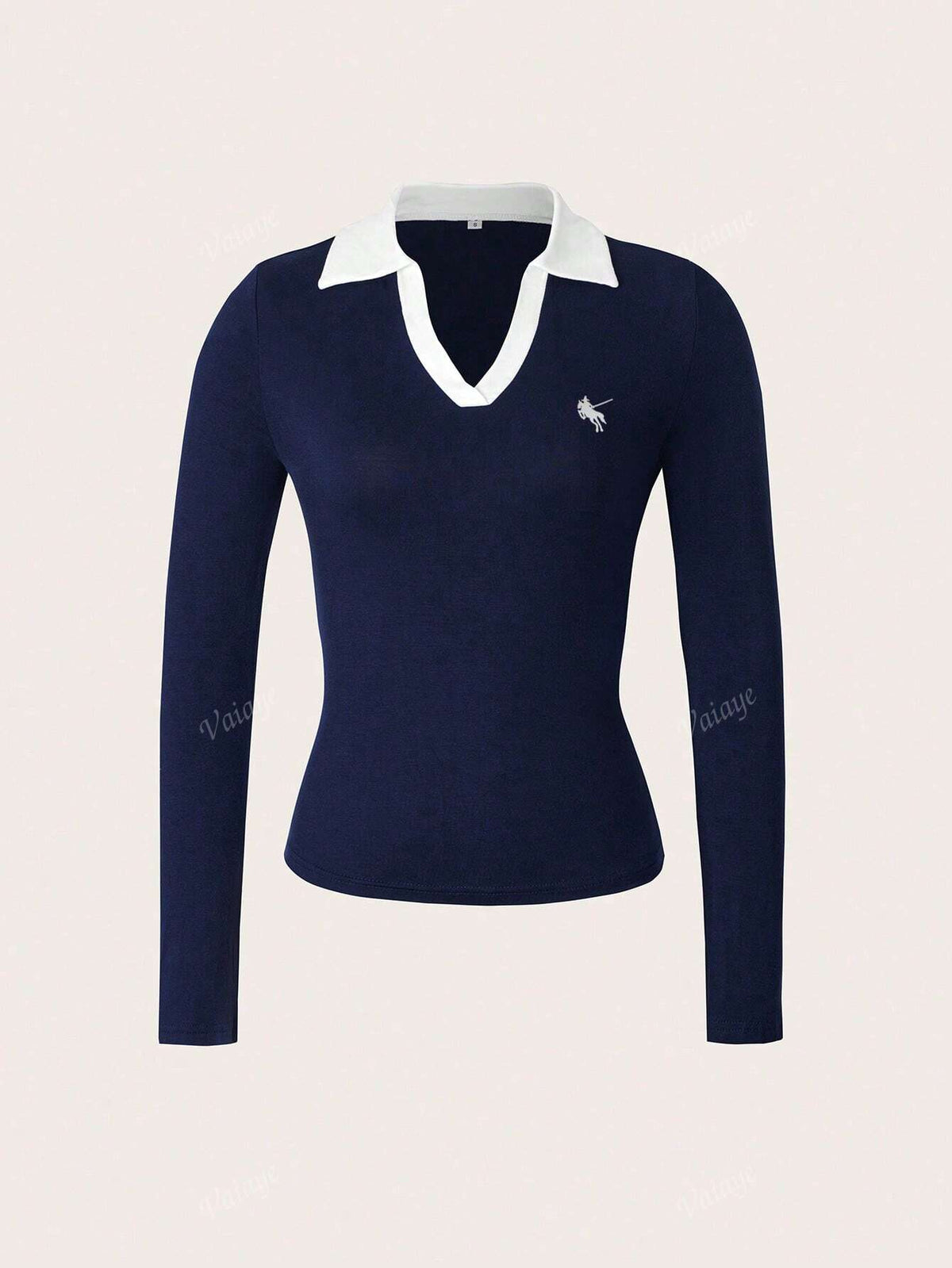 Women's Embroidered Slim-Fit Long-Sleeve Knitted Polo Top