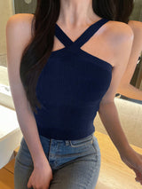Striped Halter Neck Fitted Knit Top
