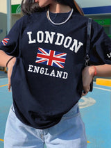 London Letter Print Cheongsam Pattern Round Neck Short Sleeve T-Shirt, Casual Loose Versatile Vacation Style Top