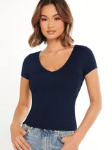 V-Neck Short Sleeve Solid Color Slim Fit Casual Tee