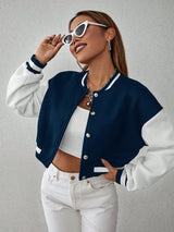 Drop Shoulder Two Tone Crop Varsity Jacket Fall Winter Cloth For Women