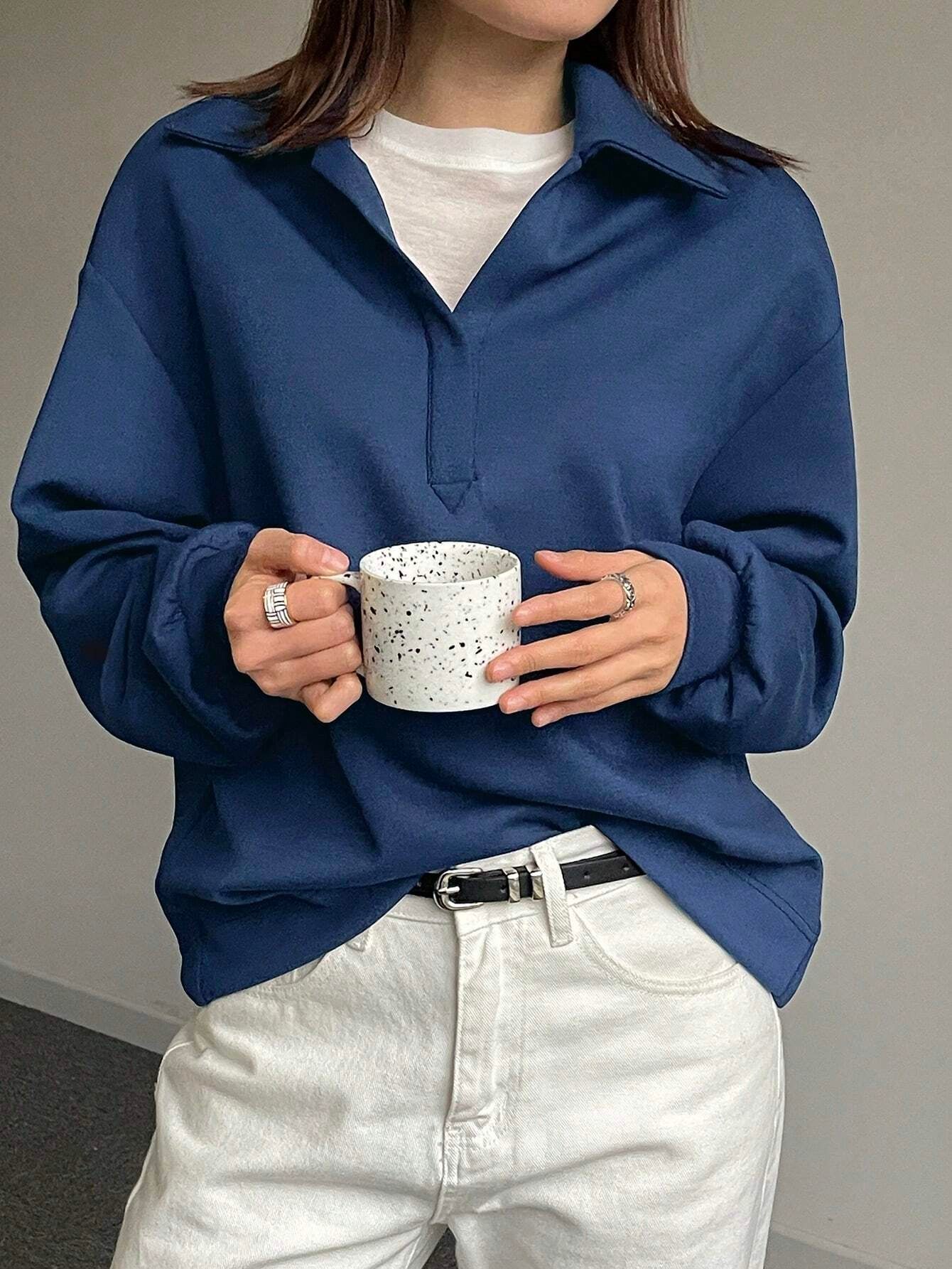 Solid Color Drop Shoulder Long Sleeve Loose Casual Sweatshirt