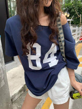 Numeric Print Asymmetric Collar Loose Casual T-Shirt, Summer Graphic Tees