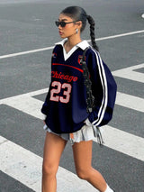 Casual Contrast Color Polo Collar Long Sleeve Loose T-Shirt