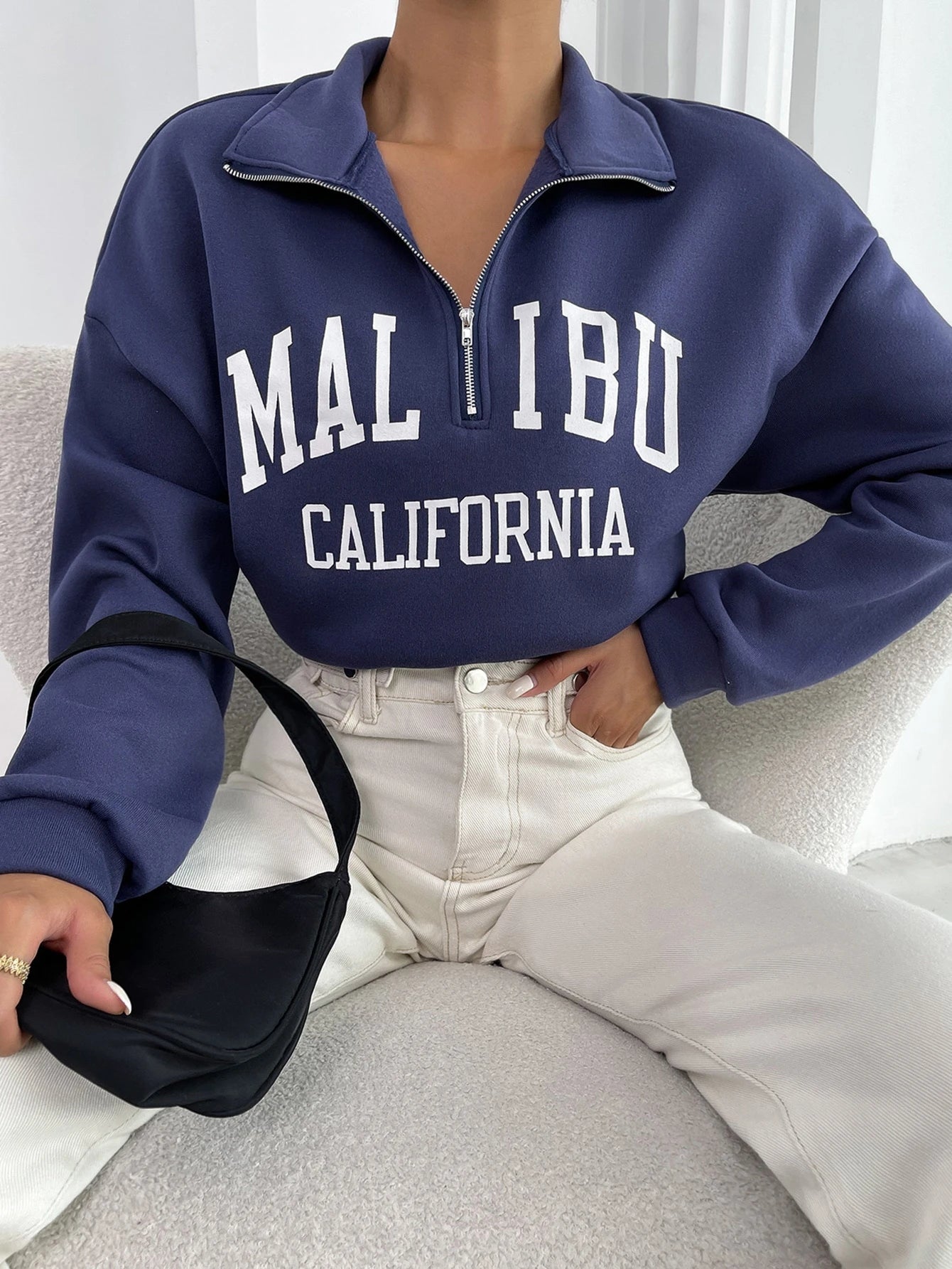Letter Graphic Half Zip Drop Shoulder Thermal Lined Sweatshirt