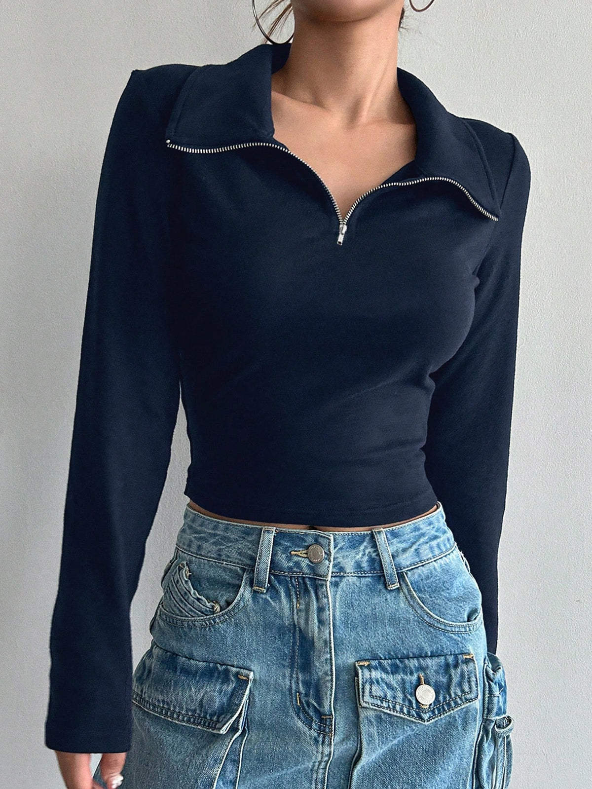 Women's Half-Zip Collared Ribbed Long-Sleeve Crop Top