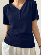 Less Solid Rib Knit Button Front Tee Old Money Style