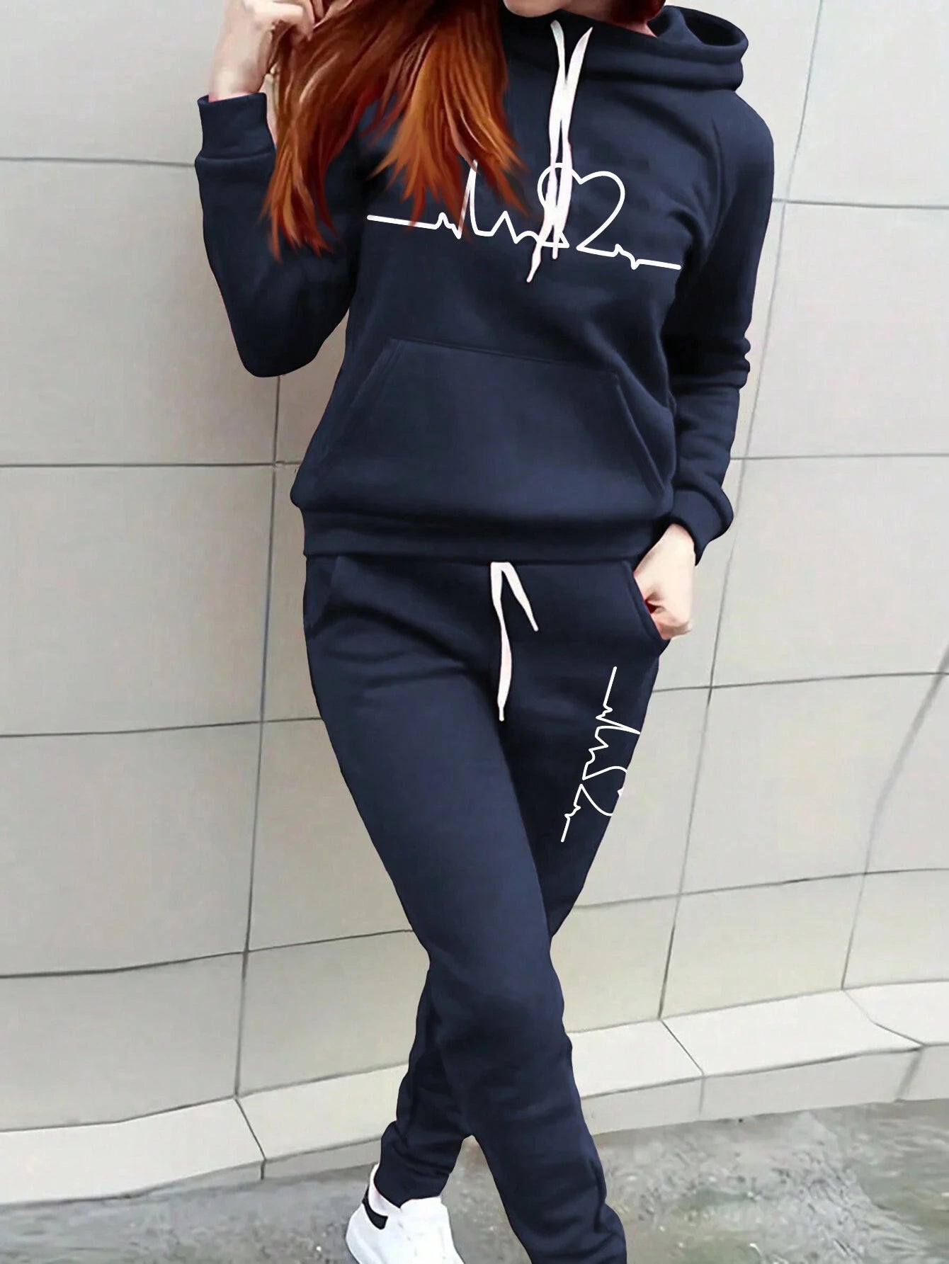 Heart Print Long Sleeve Hooded Sweatshirt And Drawstring Pants Casual Outfit