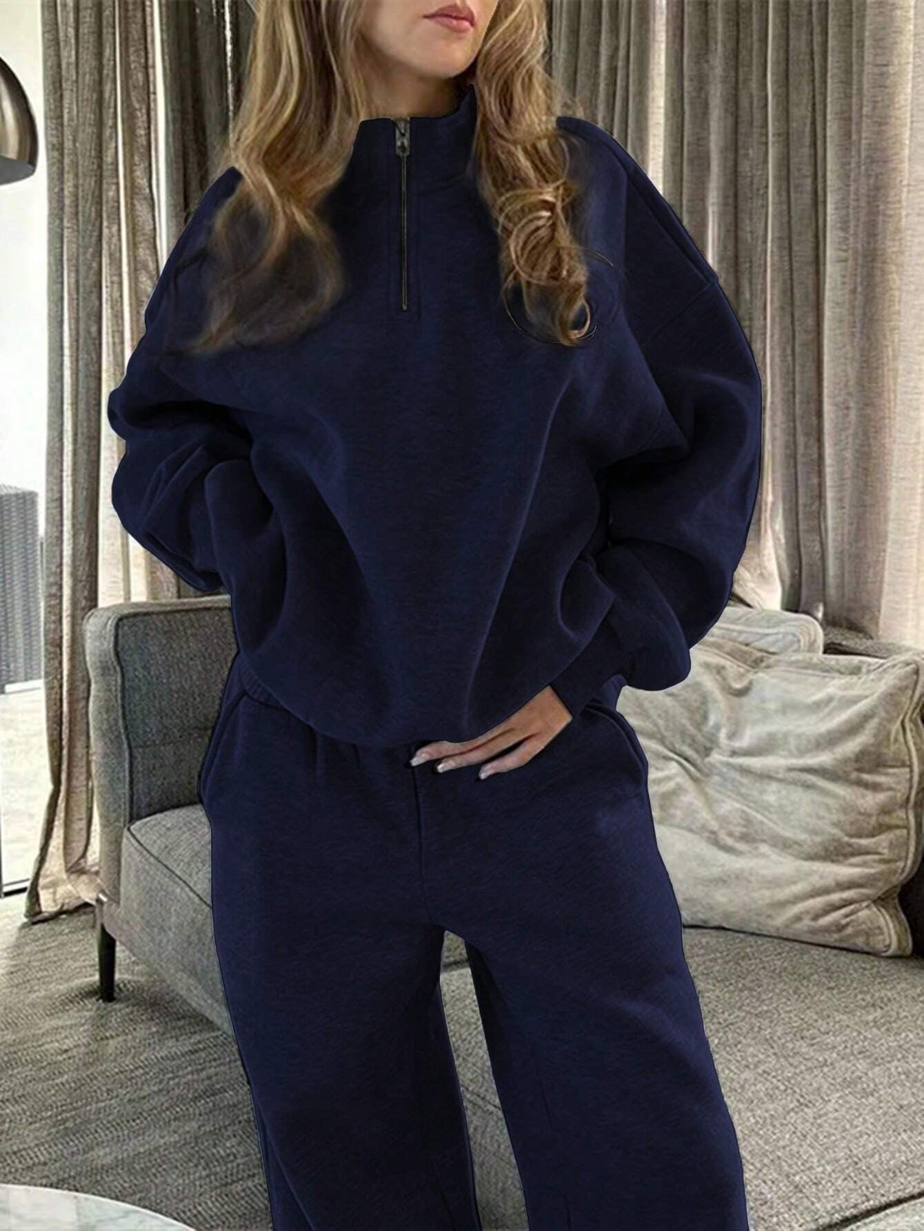 Solid Color Zipper Half Placket Dropped Shoulder Long Sleeve Sweatshirt And Loose Casual Pants 2 Pieces Set