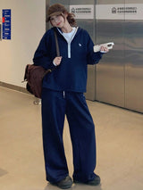 Contrast Color Hoodie Sweatshirt And Straight-Leg Pants Casual 2 Pieces Set