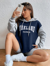 Letter Graphic Colorblock Drop Shoulder Drawstring Thermal Hoodie, Long Sleeve