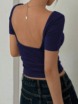Casual Solid Color Short Sleeve Slim Fit T-Shirt,Halter Top