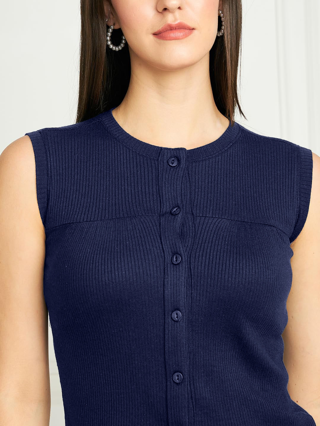 Rib-Knit Open Front Button Sleeveless Cropped Camisole Top