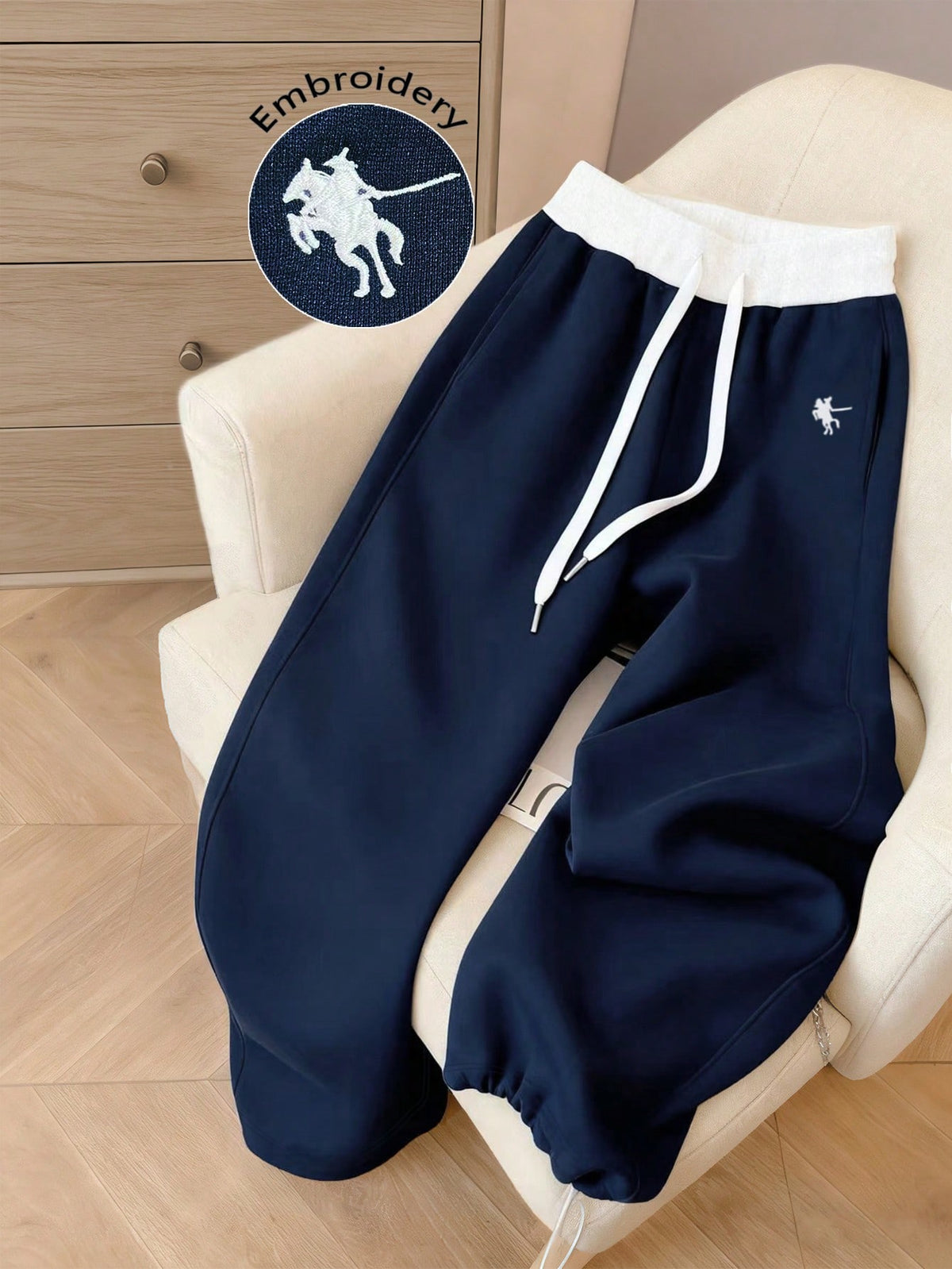 Women's Contrast-Waistband Embroidered-Logo Straight-Leg Pants